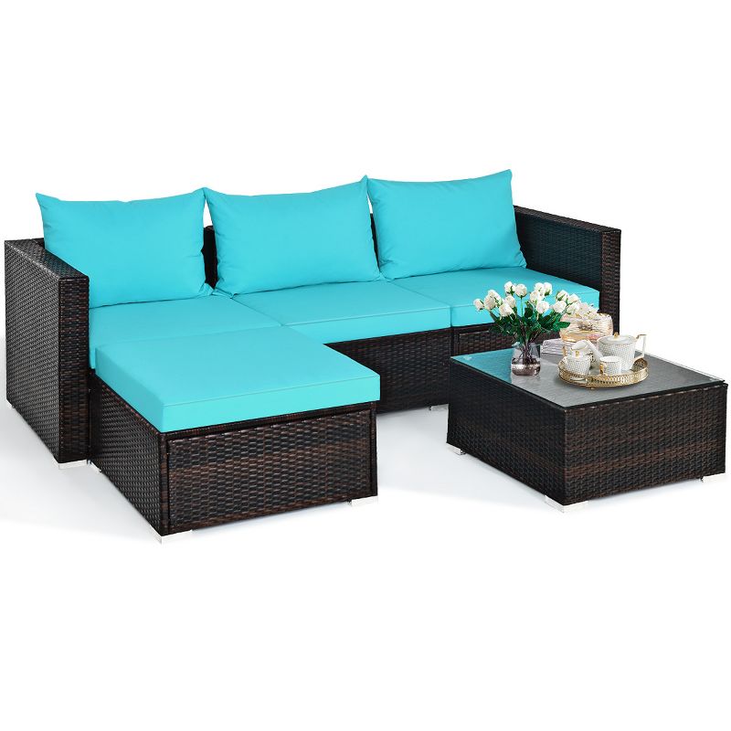 Tangkula 5PCS Patio Rattan Wicker Sofa Furniture Set Sectional Conversation Sofa Set Blue, 1 of 10