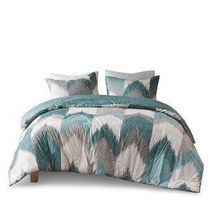 Gulches Series Aqua Green Modern Elegant Ikat Chevron Print 200TC Cotton with Polyester Filling Full Queen 3 Piece Comforter Mini Set Blanket - 1 of 4