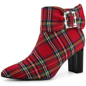 Perphy Women's Plaid Pointy Toe Rhinestone Bow Zipper Chunky Heels Ankle Boots - 1 of 4
