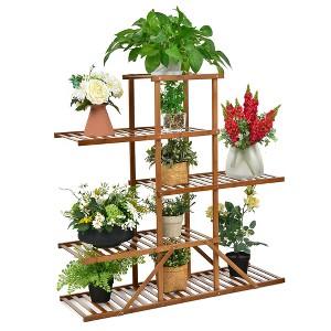 Costway Bamboo Plant Stand 5 tier 10 Potted Plant Shelf Display Holder Natural\Brown - 1 of 4