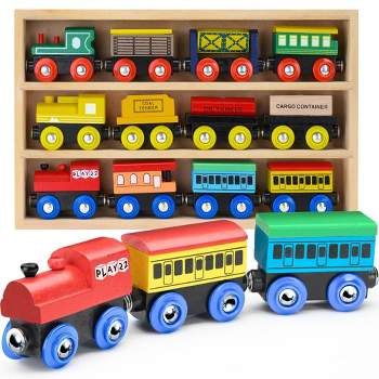Wooden Train Set 12 PCS – Wooden Track Train Toys for Toddlers - Magnetic Train Cars Set is Compatible with All Major Brands - Play22Usa