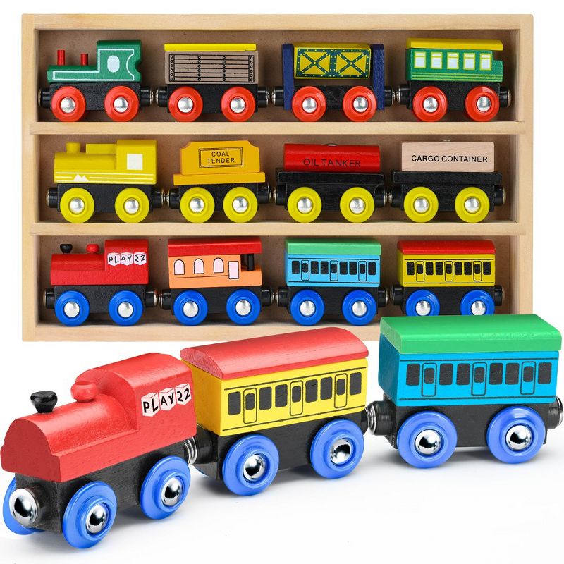 Wooden Train Set 12 PCS – Wooden Track Train Toys for Toddlers - Magnetic Train Cars Set is Compatible with All Major Brands - Play22Usa, 1 of 12
