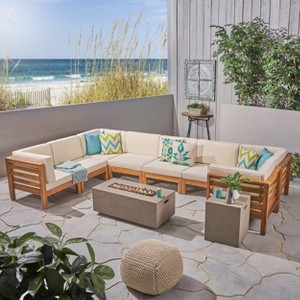 Oana 10pc Acacia Wood U-Shaped Sectional Sofa with Fire Pit Set - Teak/Beige - Christopher Knight Home: Modular Outdoor Seating - 1 of 4