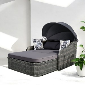 Mshliw 79.9" Outdoor Sun Lounger with Adjustable Canopy, Curved Armrests, and Pillows – PE Rattan Daybed for Patio, Deck, or Garden - 1 of 4
