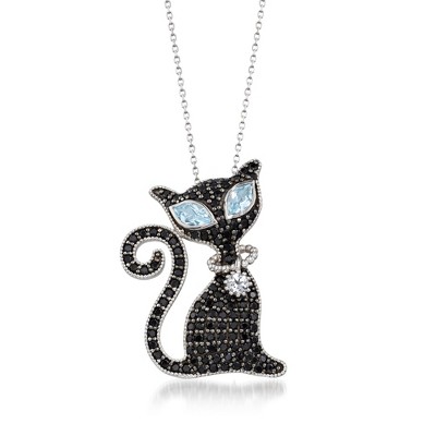 Ross-Simons 2.00 ct. t.w. Black Spinel and 1.40 ct. t.w. Blue and White Topaz Cat Pin Pendant Necklace in Sterling