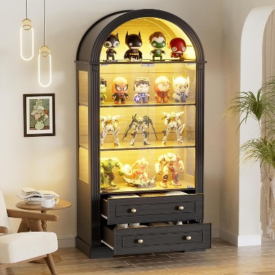 PAKASEPT 73'' Tall 4-Tier Arched Display Cabinet with Glass Doors, Curio Cabinet with LED Lights for Collectibles Bookcase, Arched Pantry Cabinet