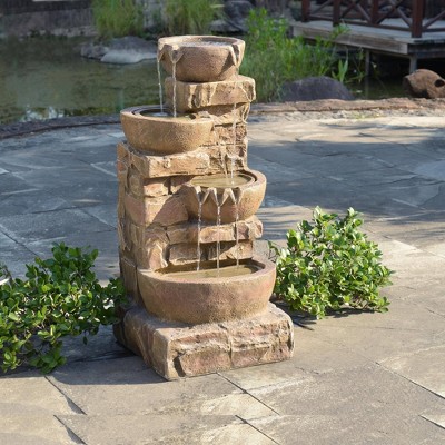 33.27" Brown Polyresin Cascading Bowls and Stacked Stones LED Fountain