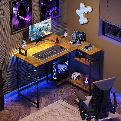 GALAXHERO 43-Inch Small L-Shaped Gaming Desk, Corner Computer Desk with Power Outlets, LED Lights & Monitor Stand, Office Desk for Bedroom