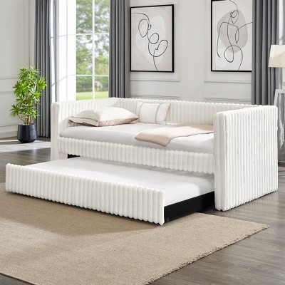 Twin Size Upholstered Daybed with Pull-Out Trundle, Plaid/Striped Corduroy Sofa Bed Frame for Small Spaces - ModernLuxe