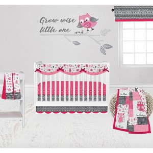 Bacati - Owls in the Woods Pink Fuchsia Gray 6 pc Crib Baby Girl Bedding Set with Long Rail Guard Cover - 1 of 4