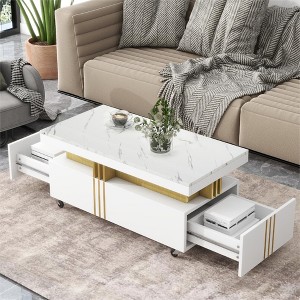 Contemporary Coffee Table with Faux Marble Top, Caster Wheels, Gold Metal Bars, Moderate Luxury, White - 1 of 3