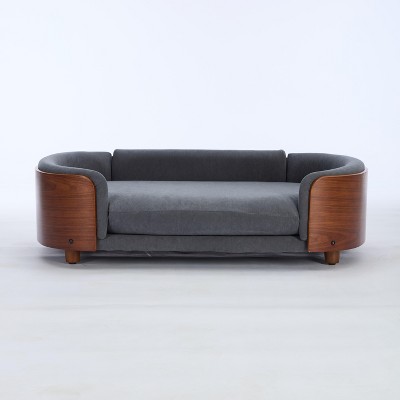 Lirago 38.58" W x 26.77" D x 11.02" H Elevated Dog Bed Pet Sofa Solid Wood Legs Dark Gray Velvet Cushion with Removable Bolster Washable Large Size