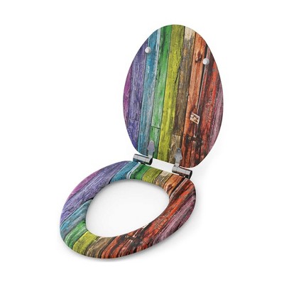Sanilo 318 Elongated Molded Wood Toilet Seat with No Slam, Slow, Soft-Close Lid, Stainless Steel Hinges, Unique Fun Decorative Design, Rainbow