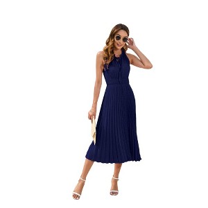 navy blue dress for baby girl Tie Halter Neck A-Line Poplin Midi Dress – shopaleena main image 1
