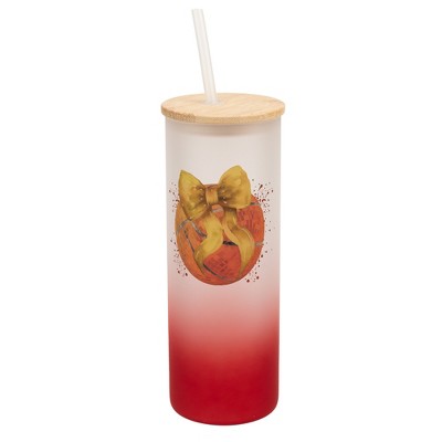 Elanze Designs 25 Ounce Frosted Glass Gradient Travel Tumbler With Straw and Wooden Lid, Basketball Red Paint Splatter Red