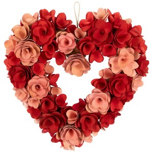 Northlight Wooden Flower Artificial Valentine's Day Wreath - 15" - Red and Pink - 1 of 4