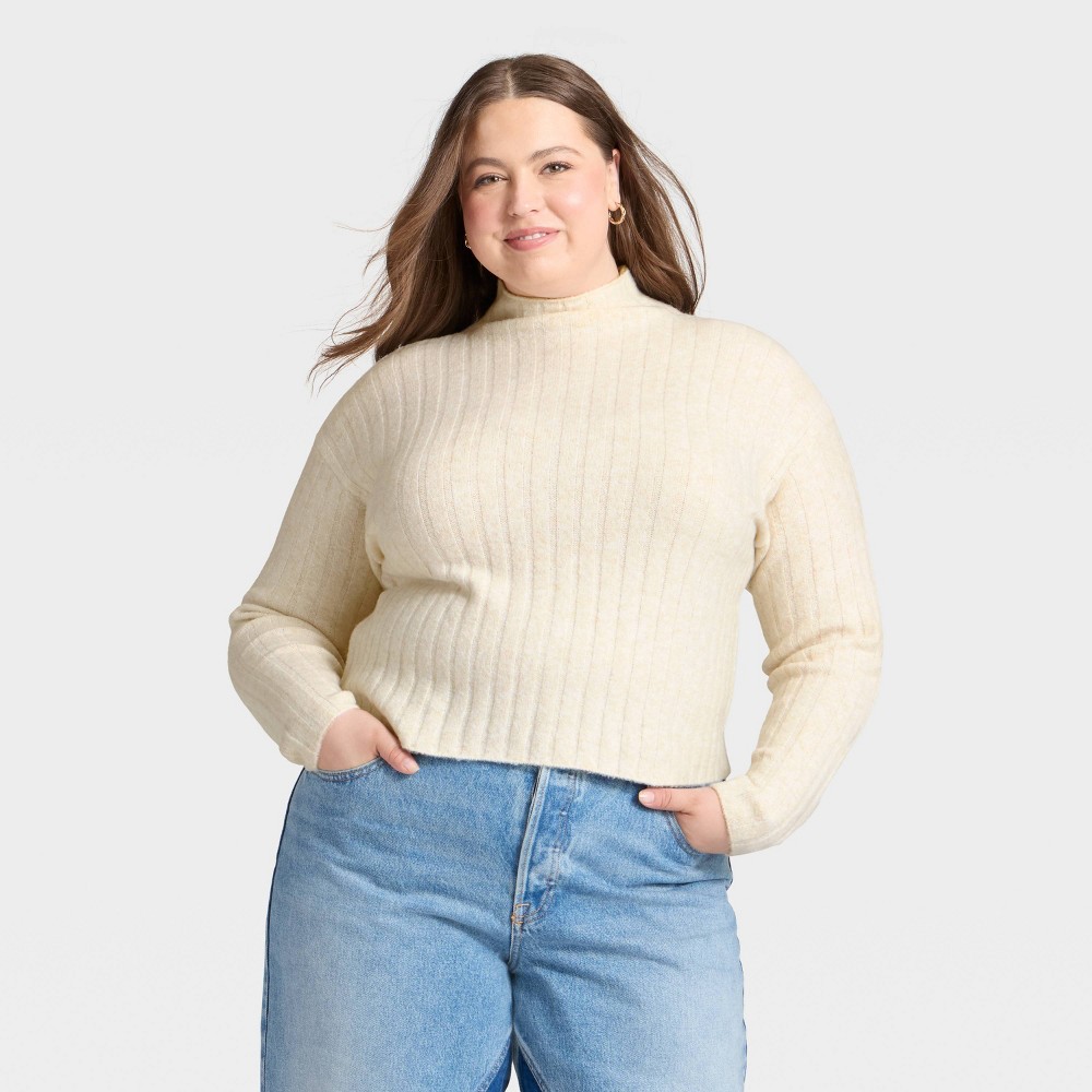 Women's Long Sleeve Ribbed Mock Turtleneck Pullover Sweater - Universal Thread™ Cream 2X