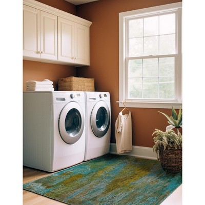 Turquoise and Yellow Abstract Stain-Resistant Indoor Rug