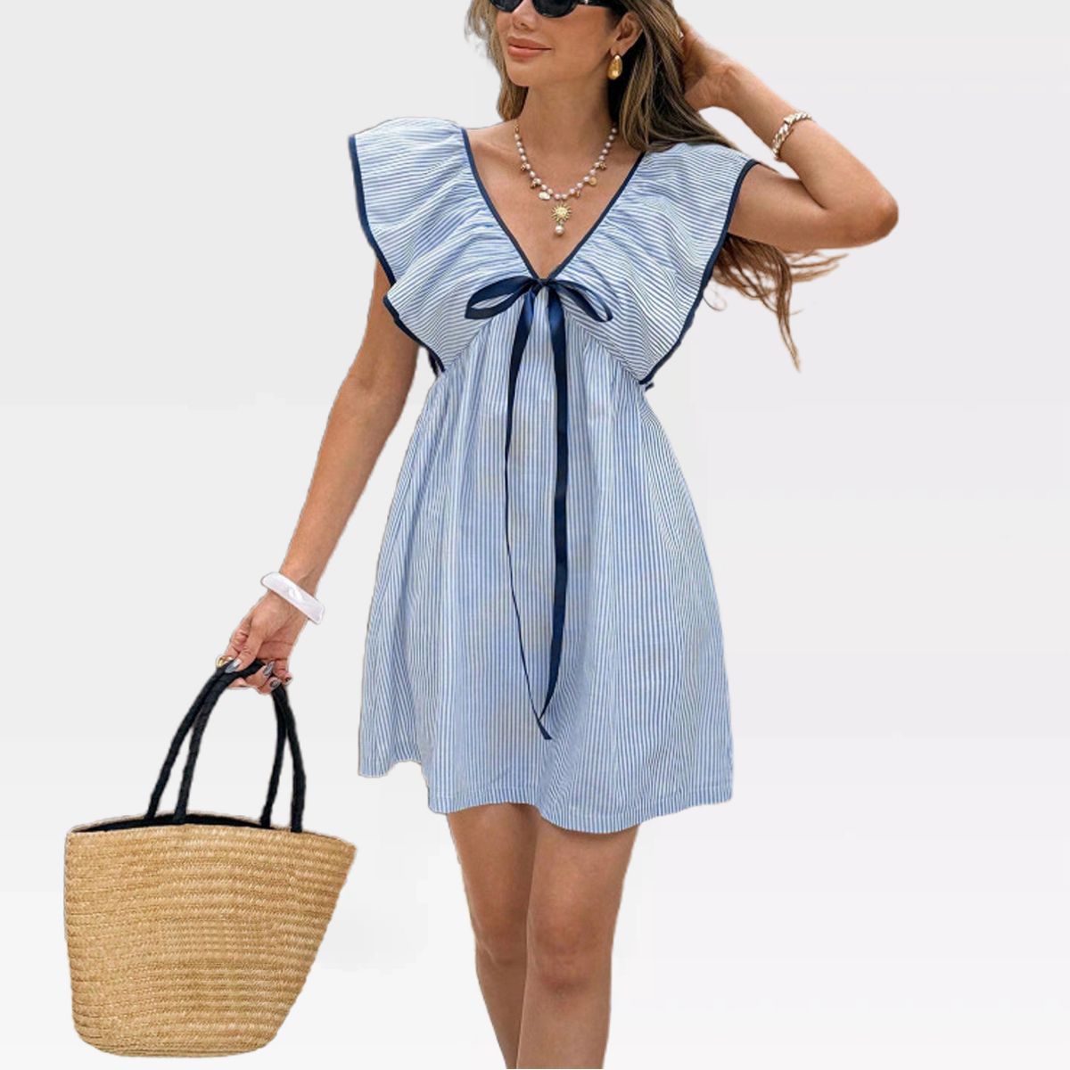 Garvee Women Striped V Neck Babydoll Mini Dress Flounce Patch Short Sleeve Backless Sun Dress Tie Front High Waist Ruffle A Line Dresses - thumbnail 8