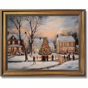 Gold Framed Vintage Village Landscape Wall Art Classic Winter Scene Poster Pine Tree Snowy Town Canvas Prints - 1 of 4