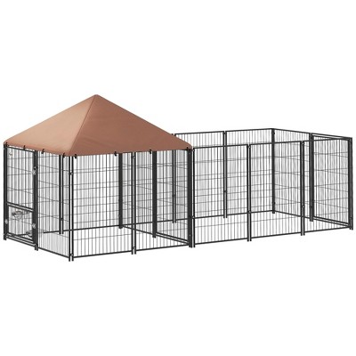 PawHut Dog Kennel Outside, Large Outdoor Dog Kennel with Rotating & Adjustable Height Bowls