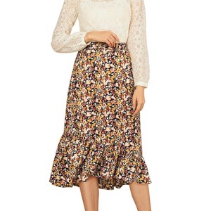 Allegra K Women's Summer Floral Elastic Waist High Low Ruffle Hem Midi Skirts - 1 of 4
