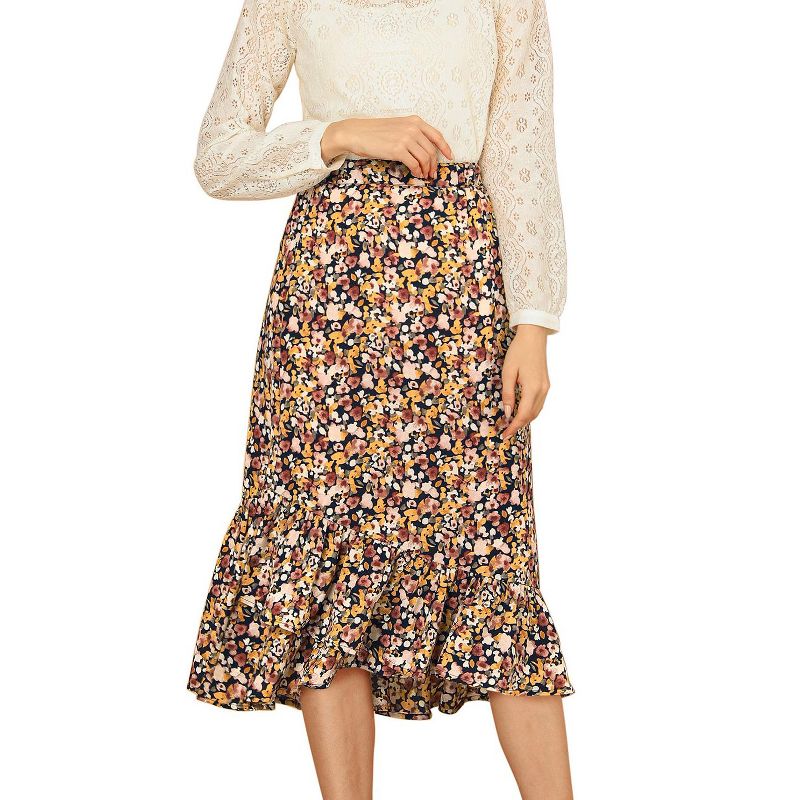 Allegra K Women's Summer Floral Elastic Waist High Low Ruffle Hem Midi Skirts, 1 of 7