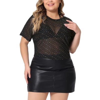 Agnes Orinda Women's Plus Size Short Sleeve Mesh Sheer Silver Star Club Trendy Crop Blouses