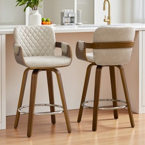 Bekrvio 26" Swivel Counter Stools with Back & Arms, Faux Leather Mid-Century Bar Stools for Kitchen Island, Walnut Frame, Set of 1/2/3/4 - 1 of 4