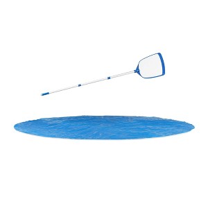 Bestway 14 Ft Round Above Ground Solar Heat Swimming Pool Floating Cover & FlowClear AquaScoop Extendable 64 In Mesh Skimmer Net for Pool Maintenance - 1 of 4