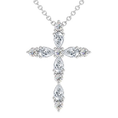 Pompeii3 3/4Ct Diamond Cross Round & Pear Shape 14k Gold Necklace Lab Created 1" Tall