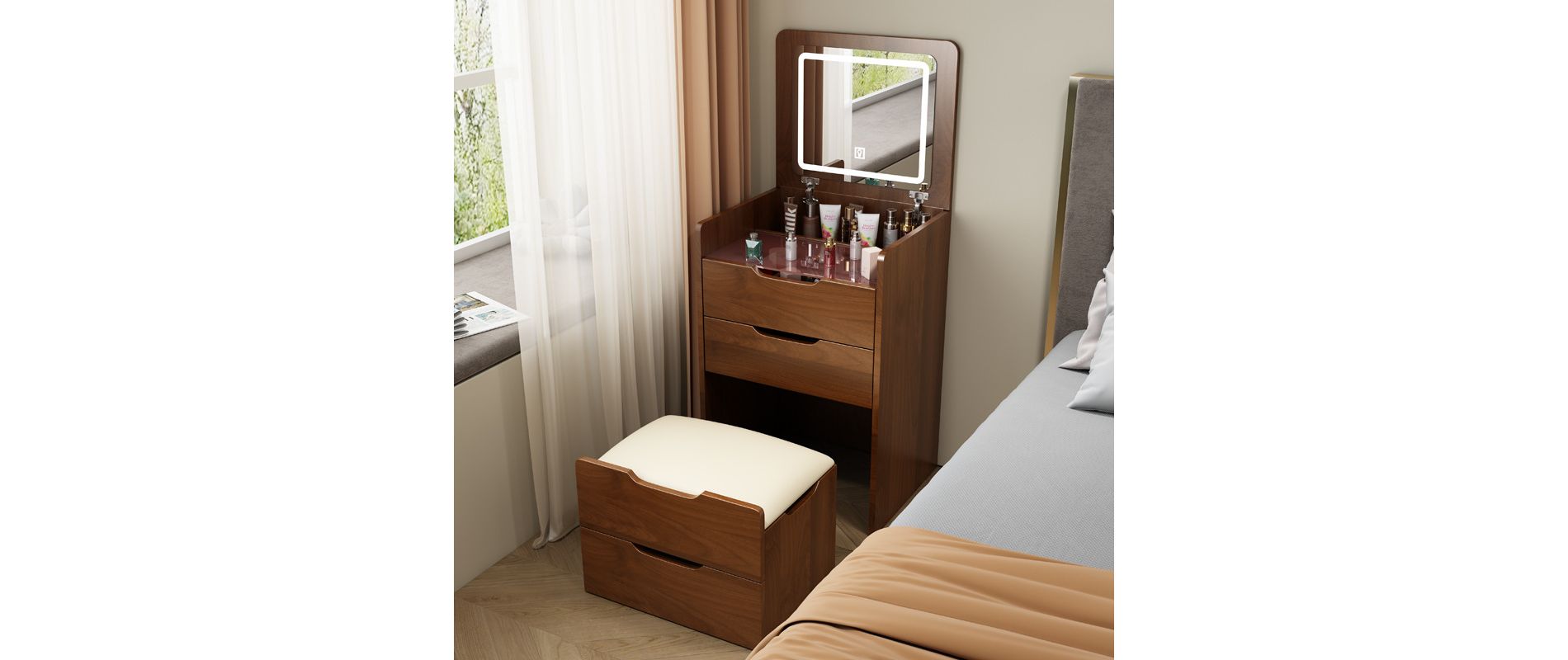 3 in 1 Vanity Desk with Plip Top Mirror,Small Make Up Vanity Set with Visible Glass Desktop