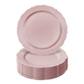 Silver Spoons Elegant Disposable Plastic Plates for Party, Heavy Duty Pink Disposable Plate Set (10 PC) - Vintage
