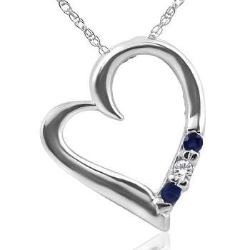 Pompeii3 Diamond & Blue Sapphire Heart Pendant 3-Stone 14K White Gold with 18" Chain