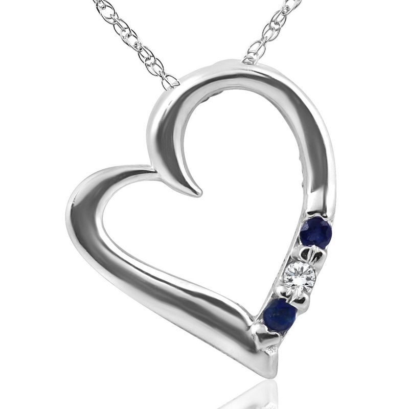 Pompeii3 Diamond & Blue Sapphire Heart Pendant 3-Stone 14K White Gold with 18" Chain, 1 of 4