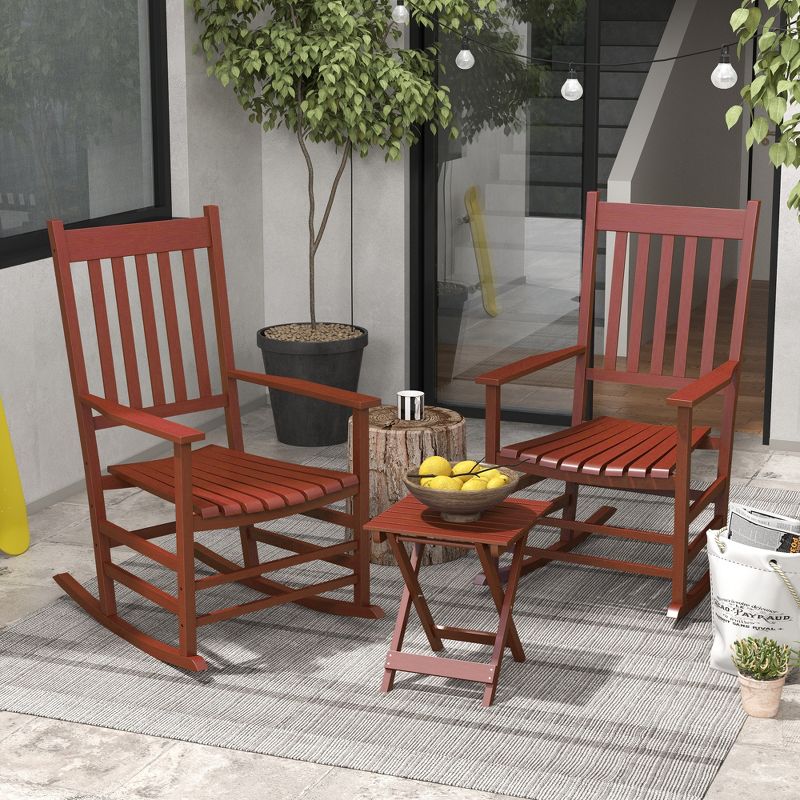 Outsunny Wooden Rocking Chair Set, Curved Armrests, High Back, Slatted Top Table Outdoor Rocker Set, Red, 2 of 7