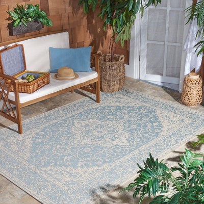 Aqua and Cream Square Synthetic Indoor/Outdoor Area Rug