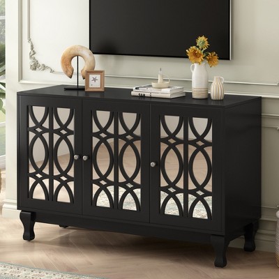 TIRAMISUBEST Modern Mirrored TV Stand for TV up to 55 Inches, Entertainment Center with Metal Handle and 3 Adjustable Shelves