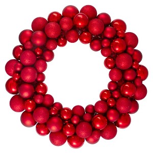 Northlight 3-Finish Shatterproof Ball Christmas Wreath - 36" - Red - Unlit - 1 of 3