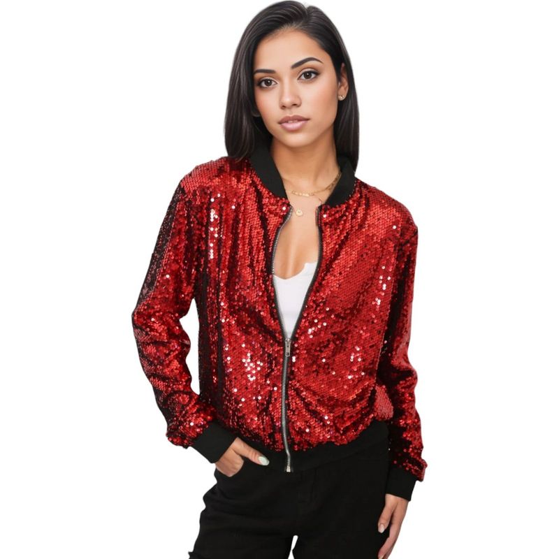 Anna-Kaci Sequin Bright Color Bomber Zip-Up Solid Jacket, 1 of 5