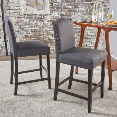 ORRD Bar Stools Set of 2, 26-Inch Counter Height Stools, Upholstered Seat with Rivet Trim, Square Shield Back, Wood Legs with Footrest, Dark Grey
