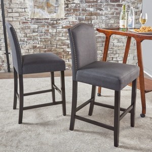 ORRD Bar Stools Set of 2, 26-Inch Counter Height Stools, Upholstered Seat with Rivet Trim, Square Shield Back, Wood Legs with Footrest, Dark Grey - 1 of 4