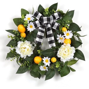 Spring Lemon Wreath for Front Door, 20In Artificial Summer Wreath with Ribbon Sunflower - 1 of 4