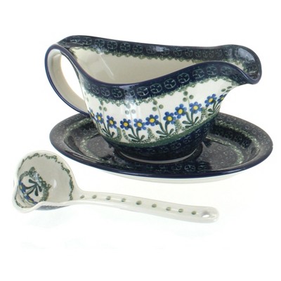 Blue Rose Polish Pottery Blue Posy Gravy Boat & Plate