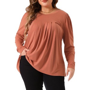 Agnes Orinda Women's Plus Size Loose Long Sleeve Dressy Pleated Round Neck Casual Blouses - 1 of 4