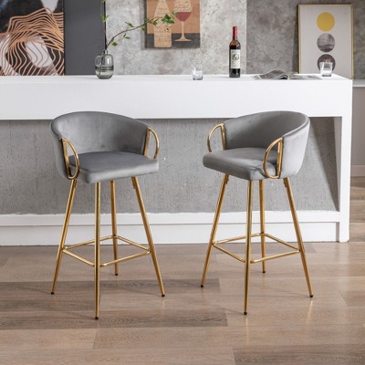 SKRAN 30 Inch Velvet Upholstered Bar Stools Set of 2 Counter Height Bar Chairs With Gold Legs and Chrome Footrest For Dining Room, Pub