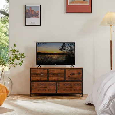 GlasFlength Decorative Storage Cabinets Tall Dresser Fabric Storage Tower ,5 Drawers Wood Top for Kid Room, Nursery, Brown 39.4"*11.8"*20.9"
