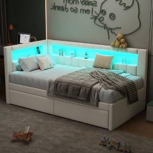TiramisuBest Upholstered Full Size Platform Bed with USB Ports and LED Belt, With Trundle - 1 of 4