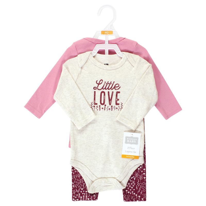 Hudson Baby Infant Girl Cotton Bodysuit and Pant Set, Little Love Flowers Long Sleeve, 2 of 6