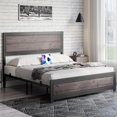 Full Size Bed Frame with Headboard, Industrial Platform Bed Frame with Charging Station, No Box Spring Required, Easy to Assemble